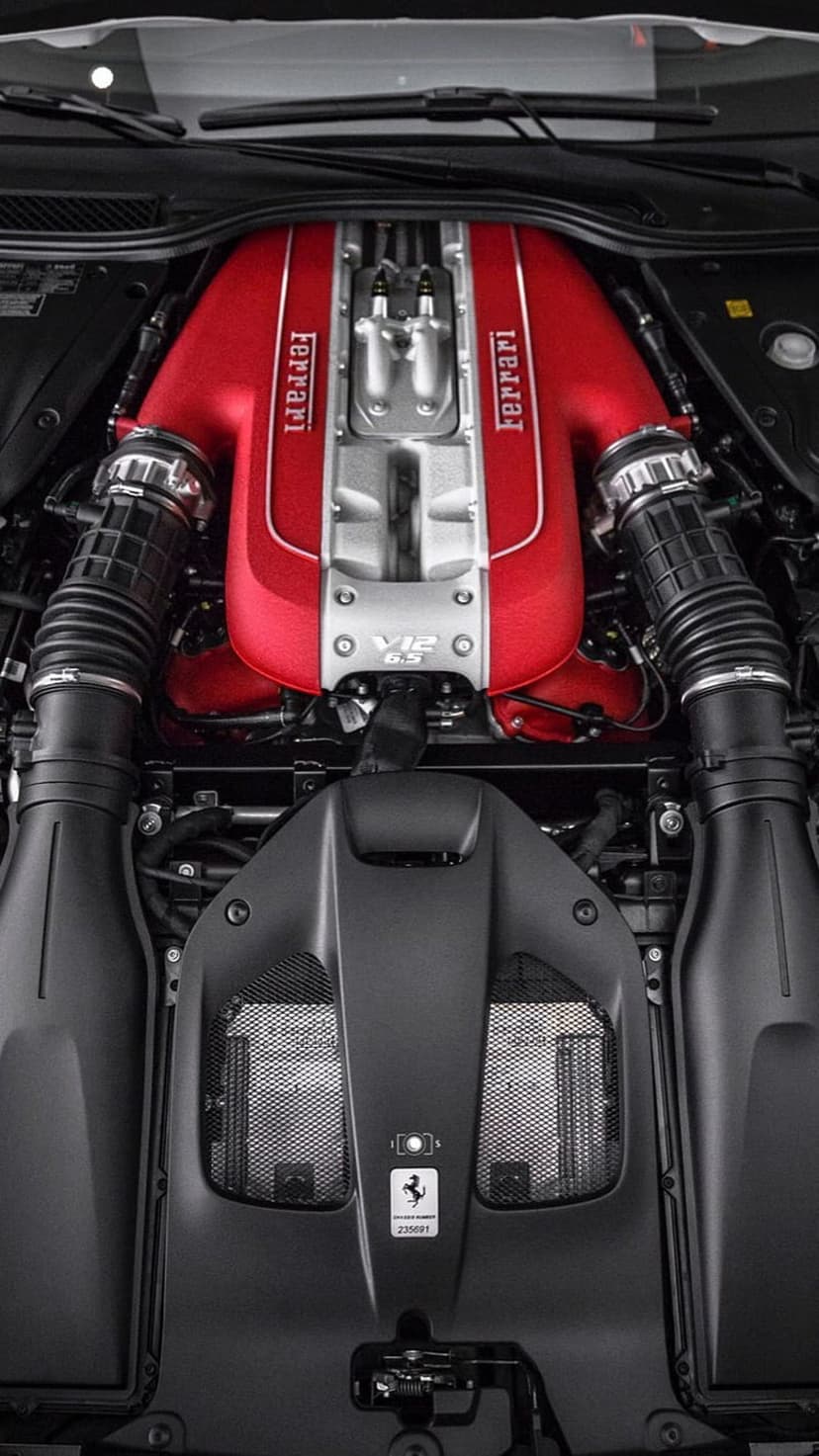 Ferrari V12 engine manifold in vibrant red with silver accents, black pipes, and a mesh-covered engine bay.