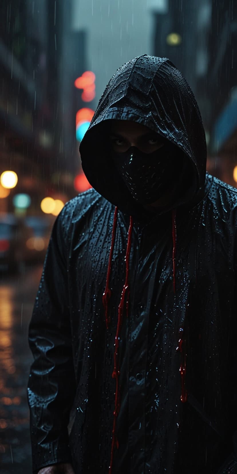 Masked person in a wet black hoodie stands on a dark city street at night with red drawstrings and rain drops.