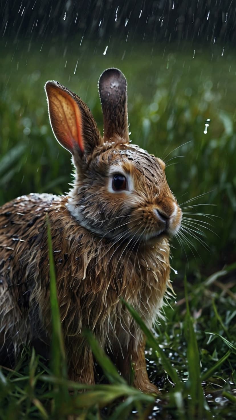 Young rabbit with wet fur and raindrops on its whiskers sits in a green meadow during a heavy rain shower.