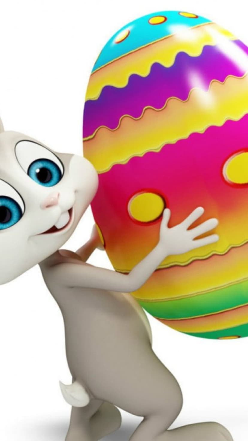 Easter bunny with large blue eyes smiles while holding a purple and pink wavy patterned egg in its paws.