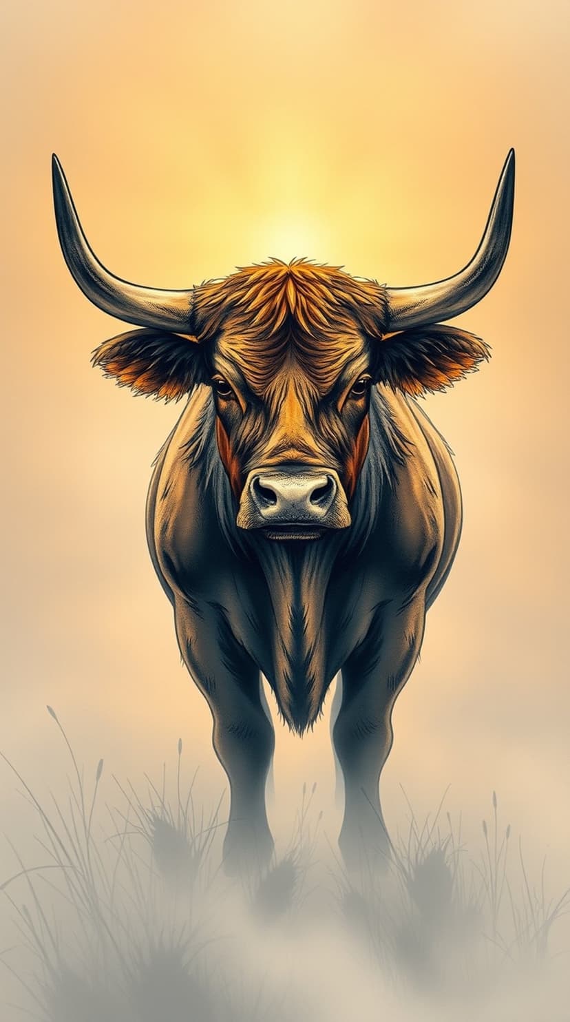 Bull with large horns stands in a foggy field at sunset, silhouetted against a glowing, hazy golden sky.