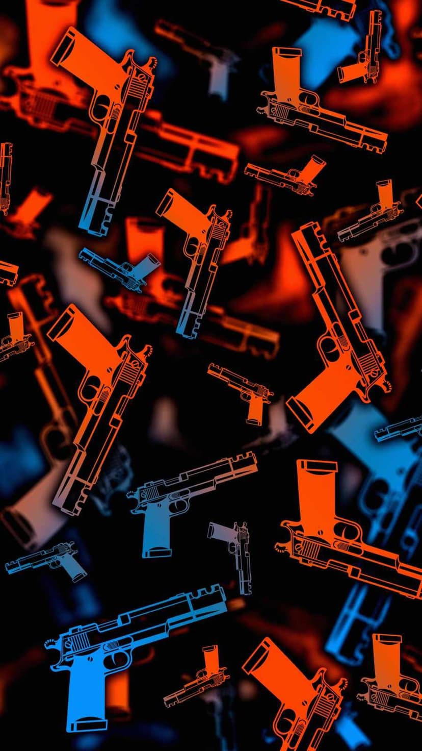 Handgun silhouettes with neon orange and blue glowing outlines on a dark abstract background with fiery textures.
