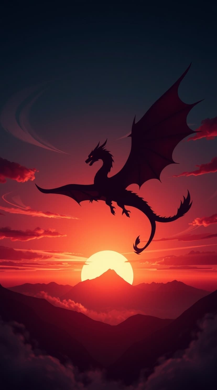 Black dragon silhouette soaring over sharp mountain peaks against a glowing sun and vibrant red sunset sky.