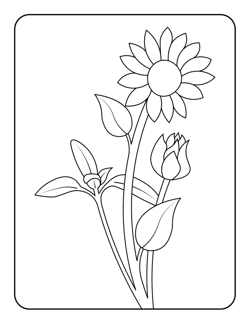 Sunflower and tulip line art drawing featuring bold black outlines and detailed petals on a white background.