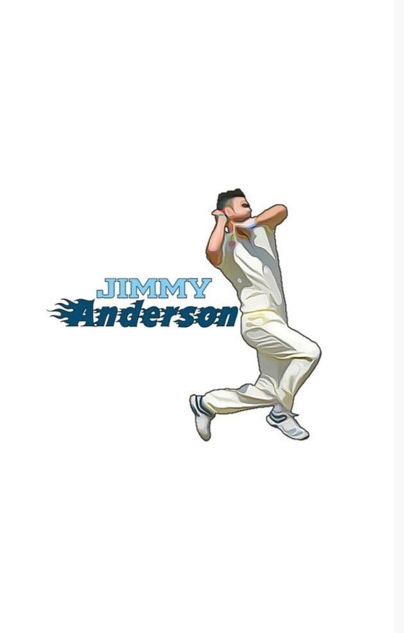 Jimmy Anderson in a white cricket uniform mid-delivery beside a blue flame logo on a clean white background.