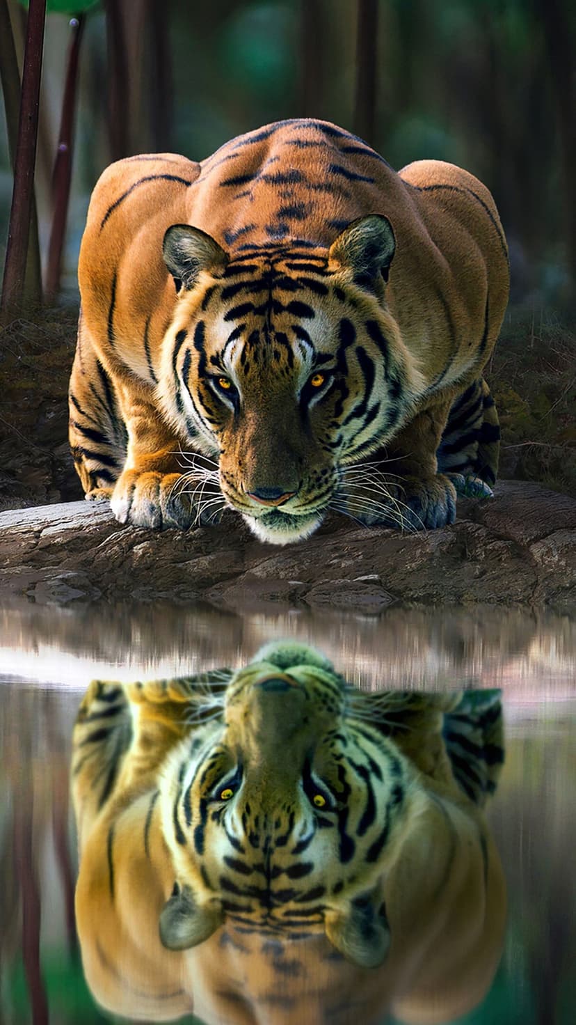 Tiger with orange and black stripes crouching on rocks while looking at its reflection in a still pool of water.