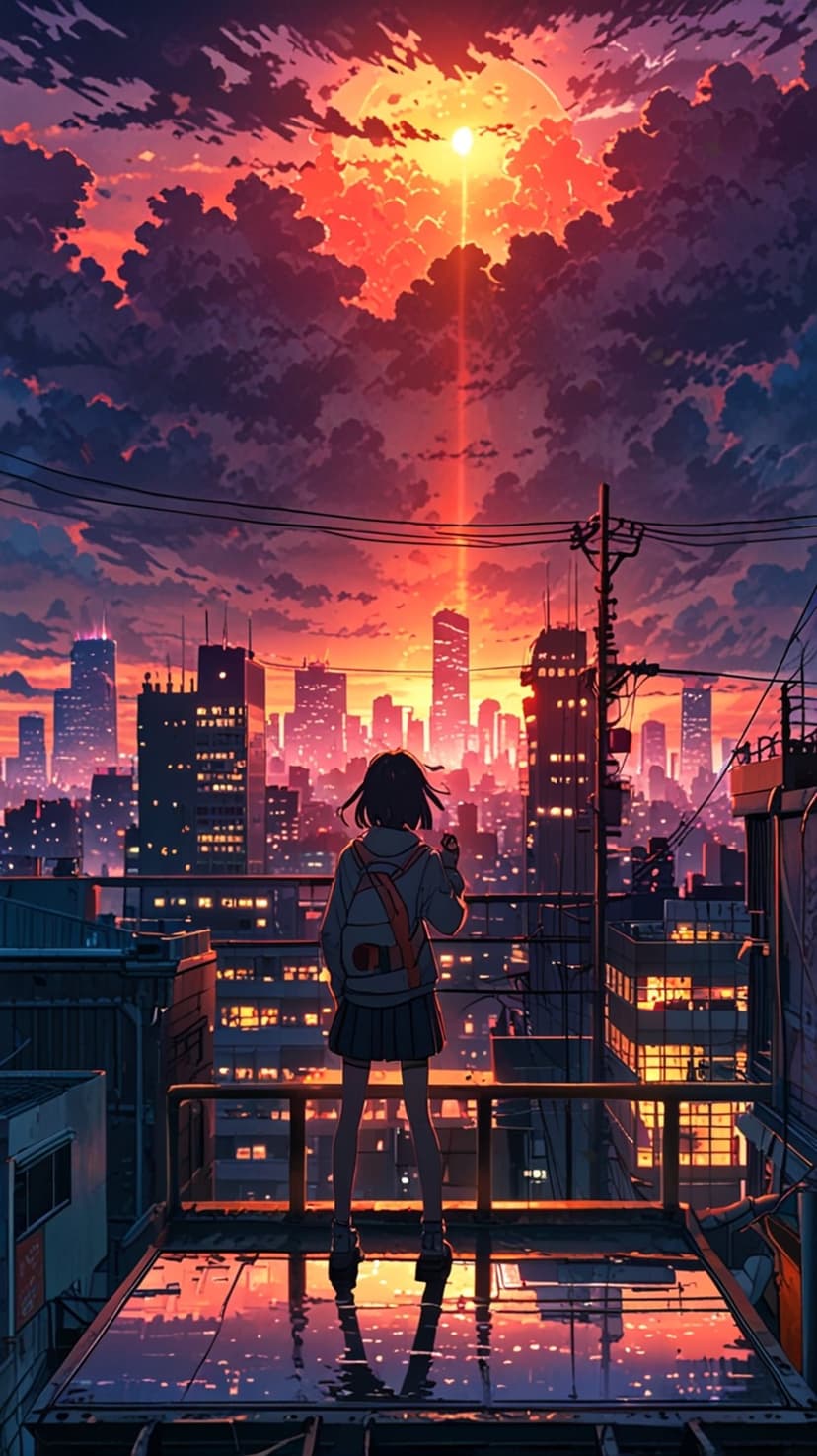 Young woman on a wet rooftop watches an orange and purple sunset over a distant city skyline with reflections.