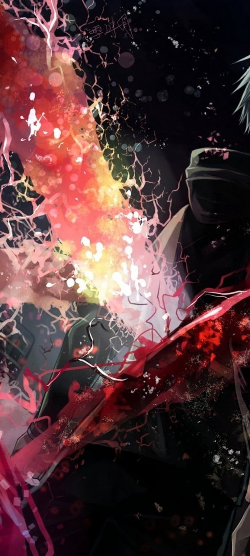 White-haired anime character silhouette engulfed in explosive red and white energy shards against a dark void.
