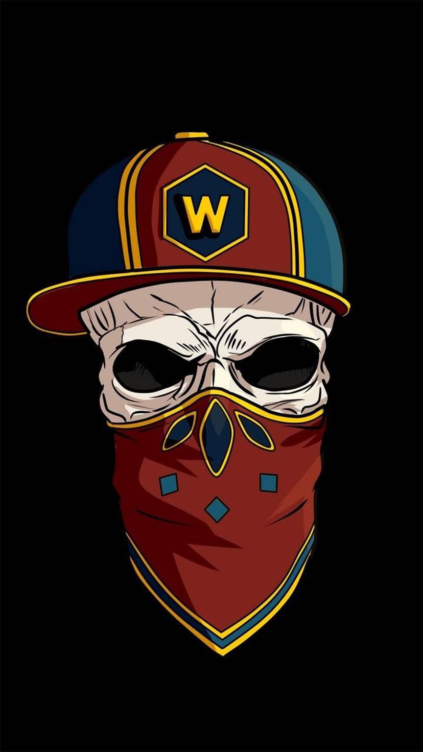 Skull wearing a red bandana and black baseball cap with a white W logo against a dark, minimalist background.