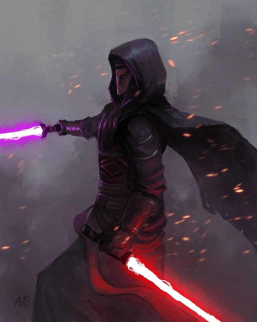 Darth Revan in a dark hood holding a glowing purple lightsaber and a red lightsaber amidst flying sparks.