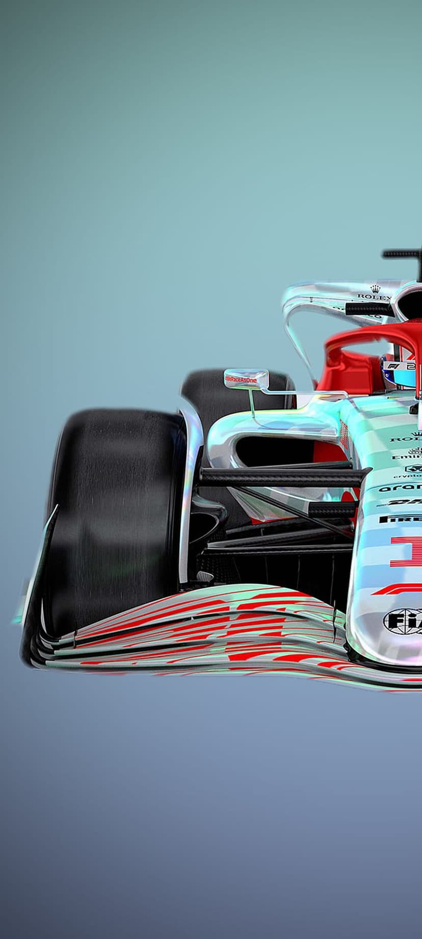Formula 1 car front wing with carbon fiber tiers and a racing tire against a soft gradient background.