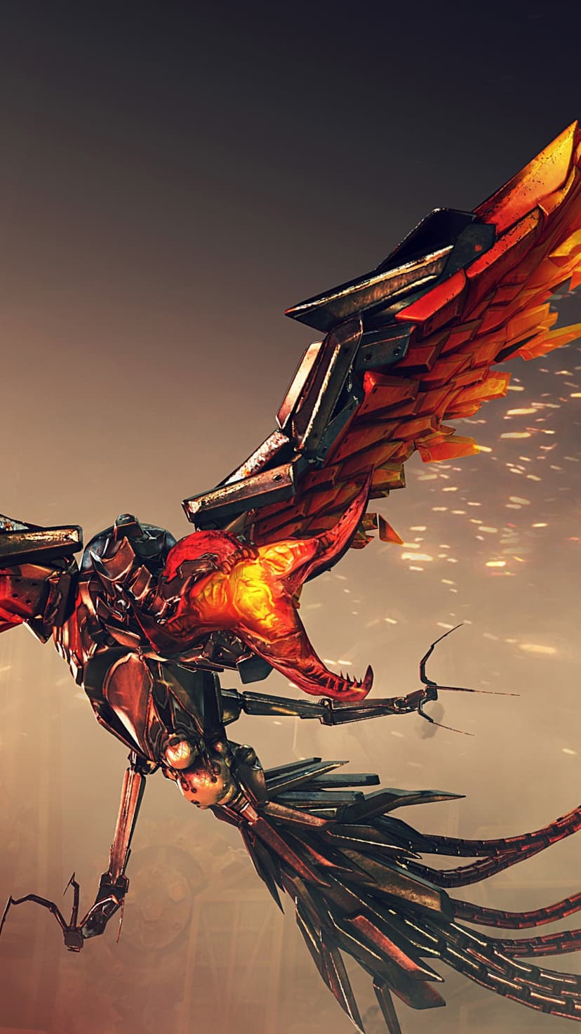 Mechanical phoenix bird with red metal plating and glowing orange wings trailing sparks during flight.