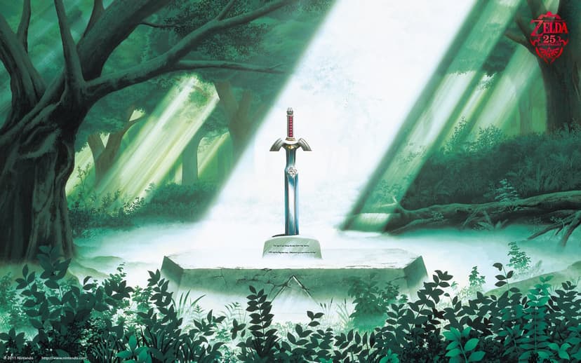 Master Sword in a stone pedestal within a misty green forest under bright beams of cinematic sunlight.