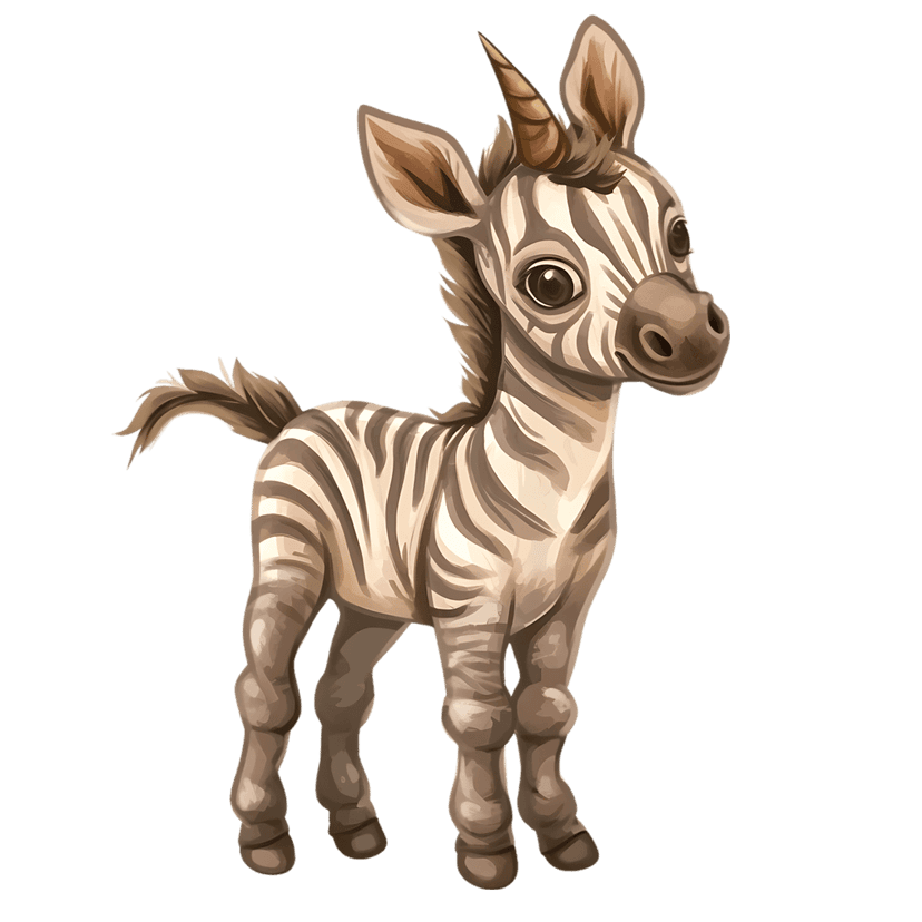 Unicorn zebra hybrid featuring brown stripes and a single horn stands centered on a transparent background.