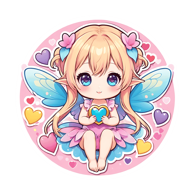 Chibi fairy character sticker featuring blonde hair and blue wings holding a teal heart inside a pink circle.