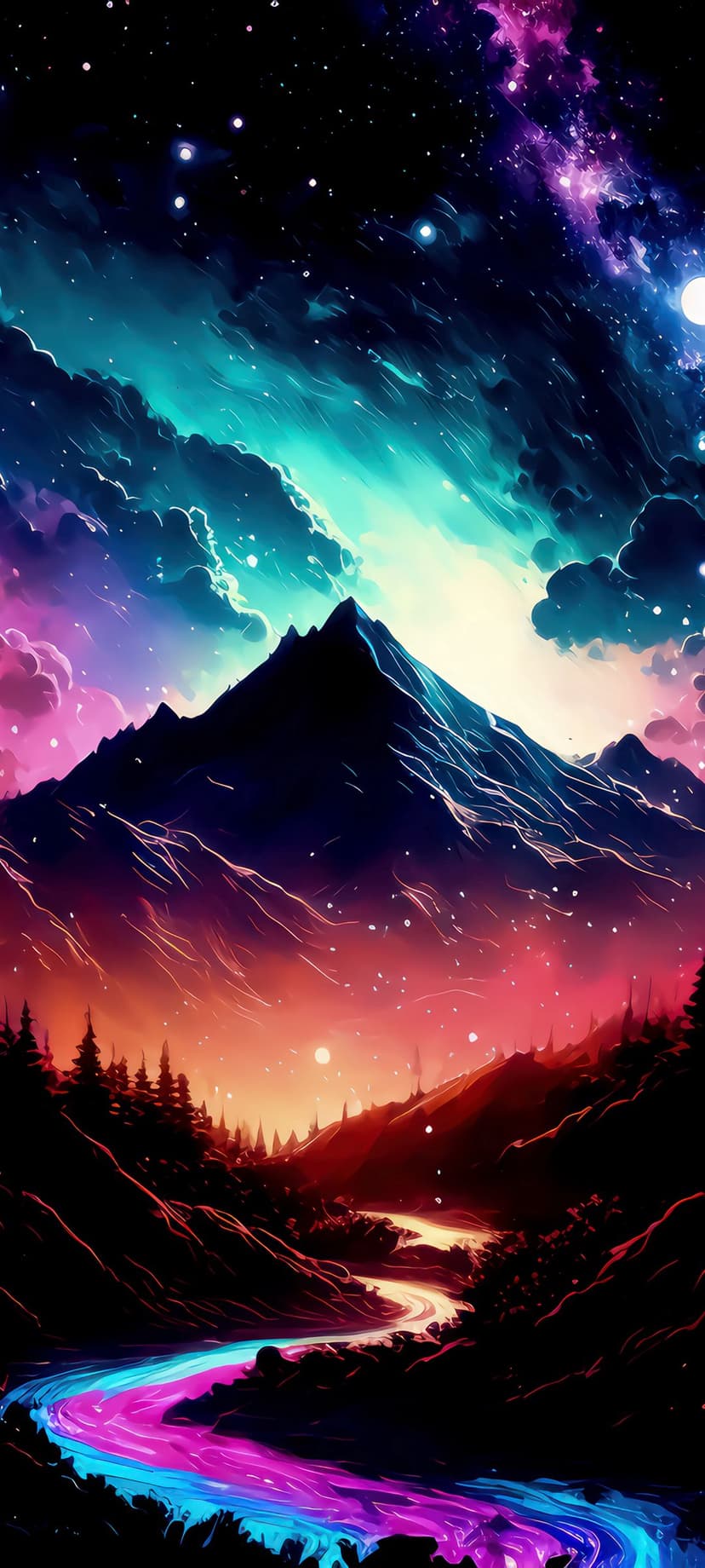 Jagged mountains stand beneath a pink and blue nebula sky with a glowing river reflecting the celestial stars.