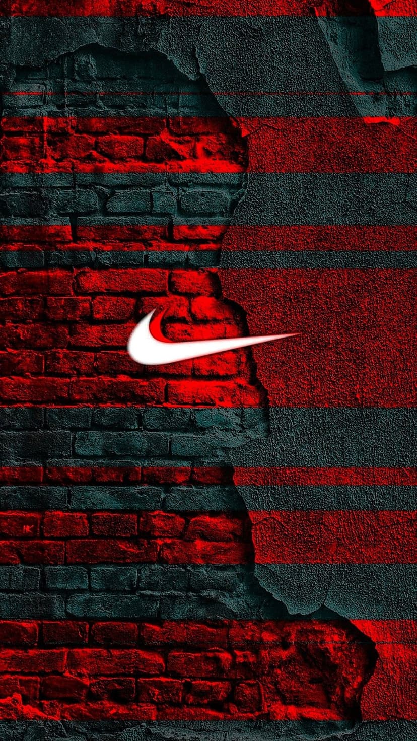 Nike swoosh logo centered on a vertical split background featuring red cracked bricks and grey horizontal stripes.