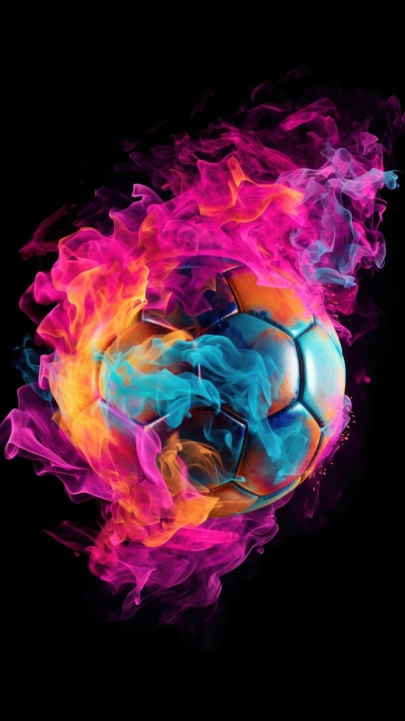 Soccer ball burning with neon pink and orange smoke trails, centered on a pitch-black vertical background.