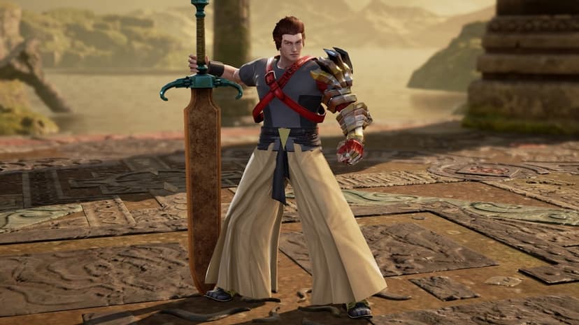 Warrior in beige hakama pants holding a massive stone sword on a sunlit stone platform with mountain scenery.