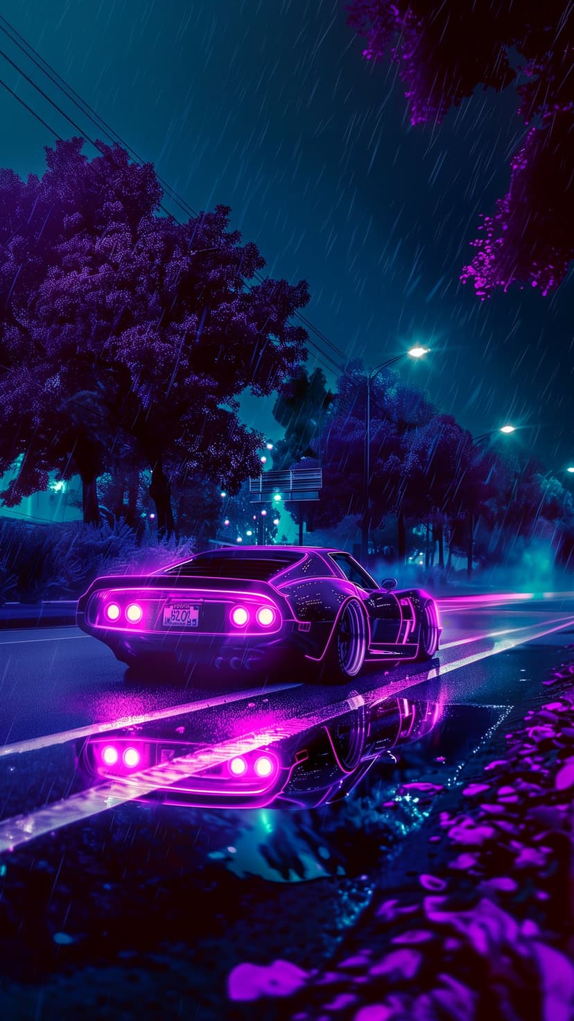 Dark sports car with glowing pink trim parked on a wet street at night under purple and teal city lights.