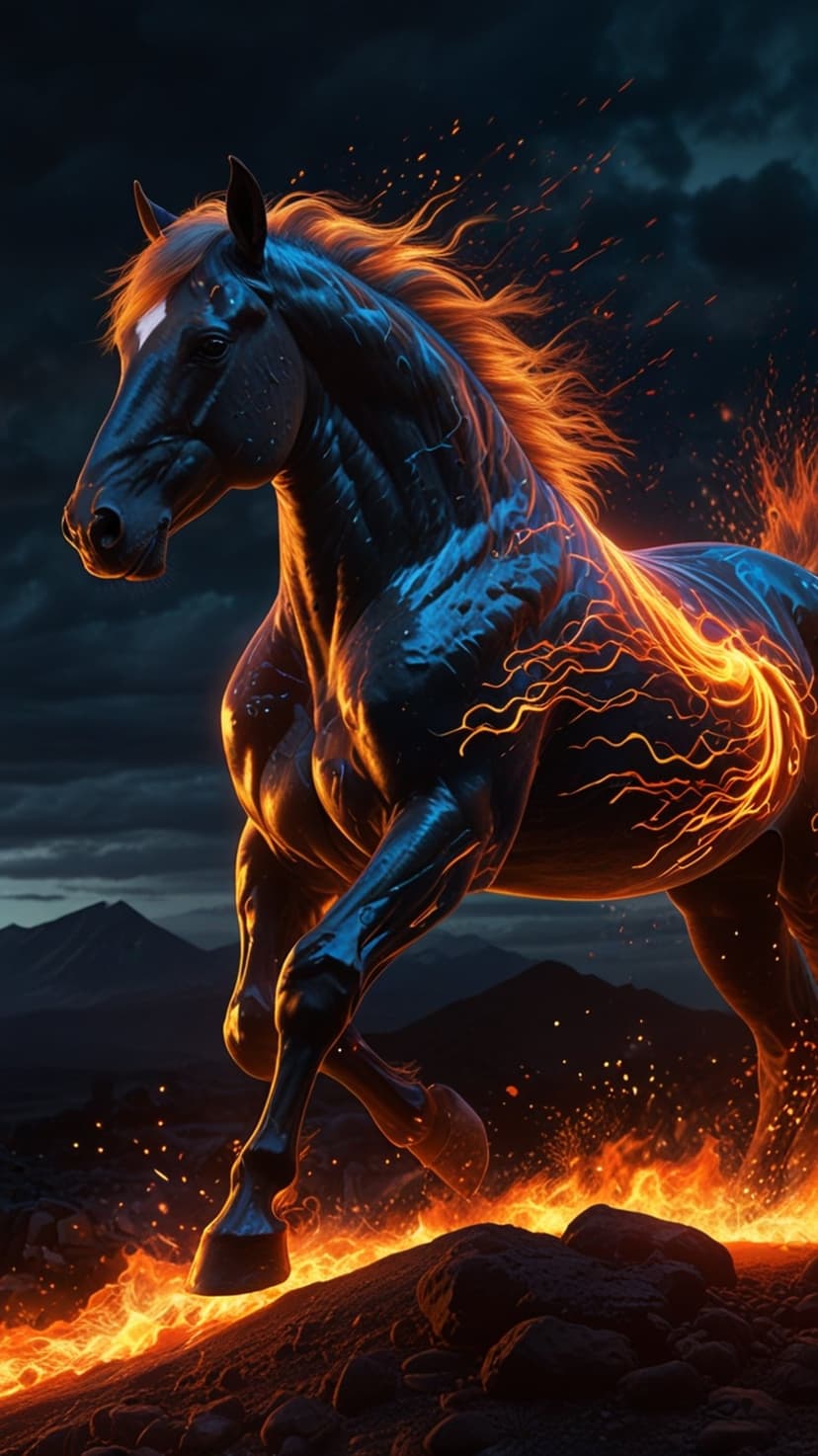 Black stallion galloping through glowing orange embers and smoke across a dark, craggy volcanic landscape.