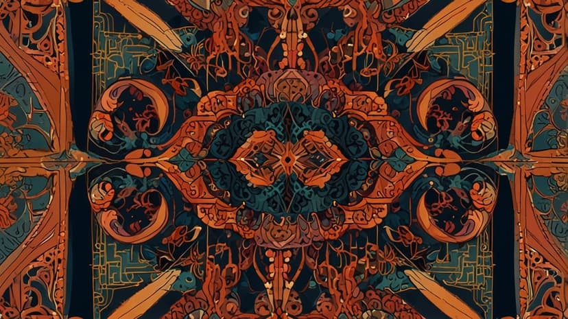 Symmetrical teal and orange floral swirls and organic shapes arranged in a complex pattern on a dark background.