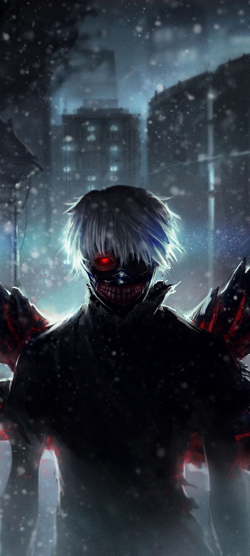 White-haired character wearing a mask with a glowing red eye stands in a snowy city street at night.