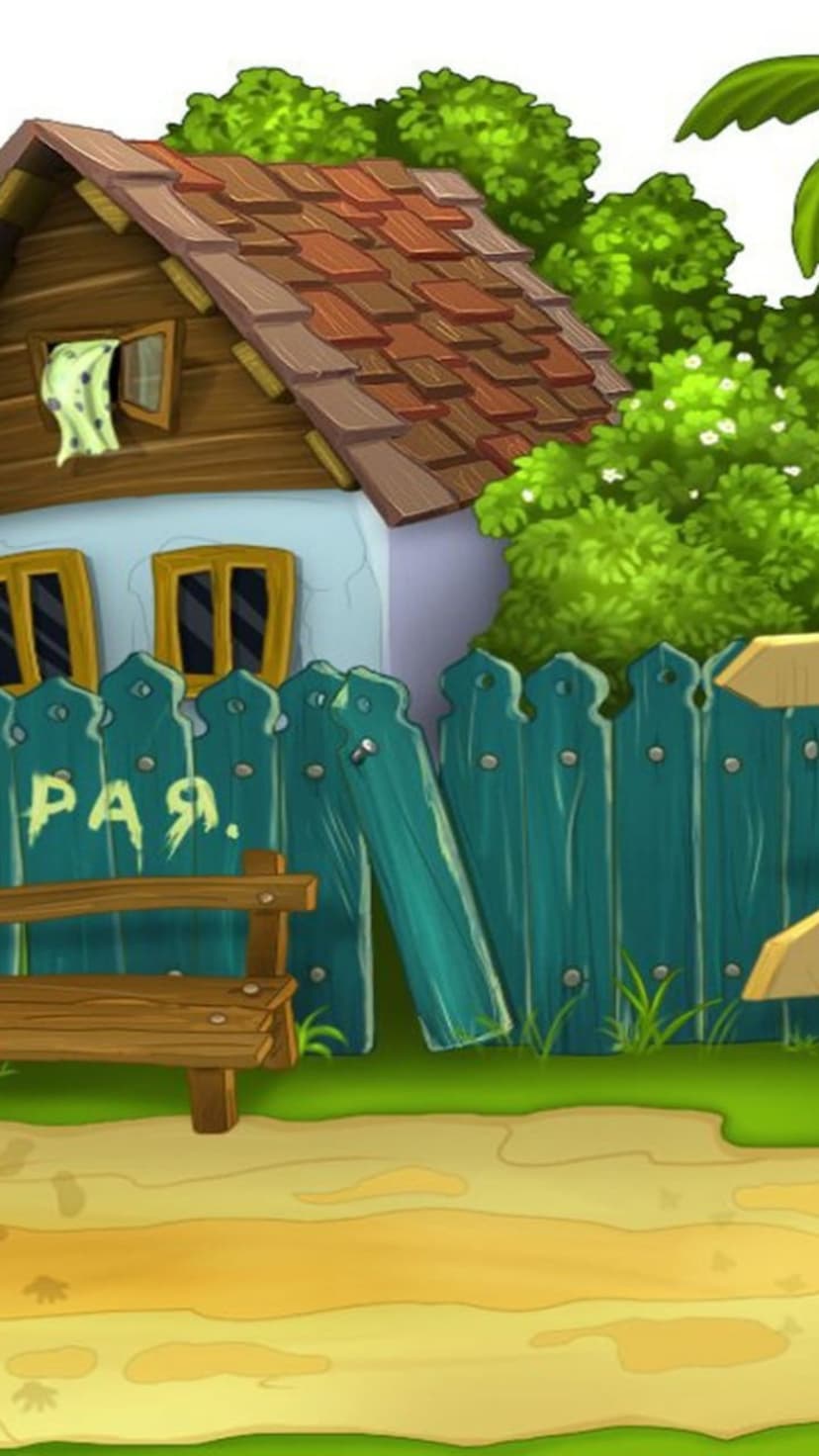 Rustic house with a tiled roof stands behind a leaning teal fence and a simple wooden bench in a grassy yard.