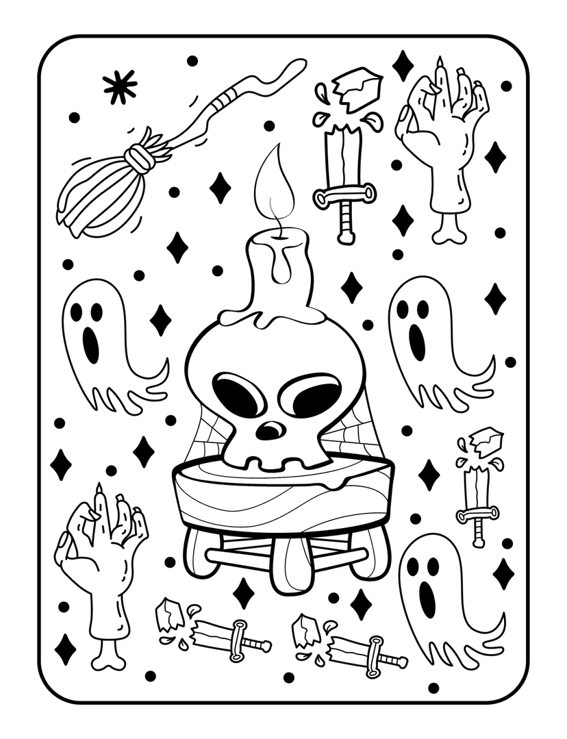 Halloween coloring page outline showing ghosts, a skull candle, a severed hand, and a witch's broomstick.