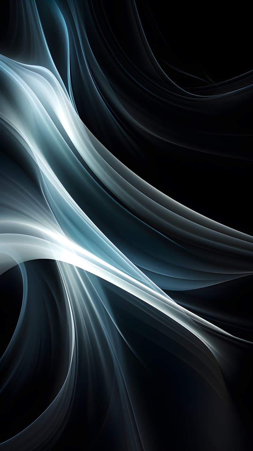 Luminous blue and white light trails curve gracefully against a solid black backdrop in a vertical composition.