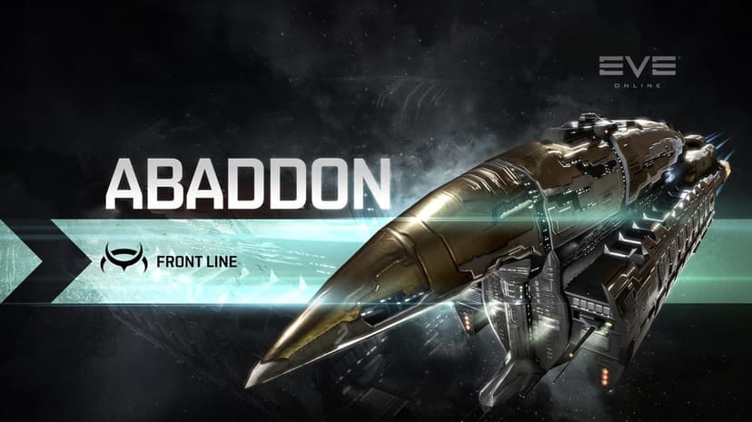 Golden Abaddon battleship with glowing lights cruising through dark space with a teal horizontal light bar.