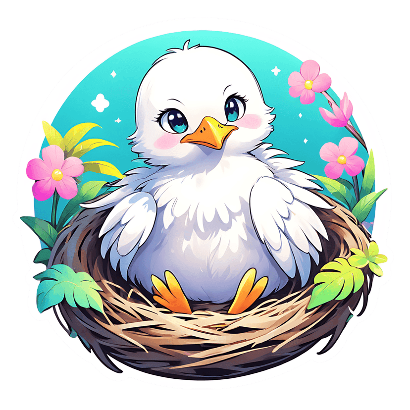 White duckling sits in a brown bird nest with pink flowers and green leaves on a solid teal background.