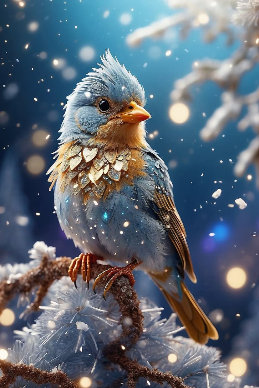 Blue and gold bird with shimmering feathers sits on a snowy pine branch against a dark bokeh winter night sky.