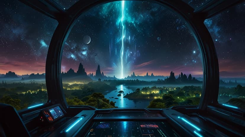 Spaceship control panels overlook a glowing alien river, distant mountains, and a purple star-filled nebula.