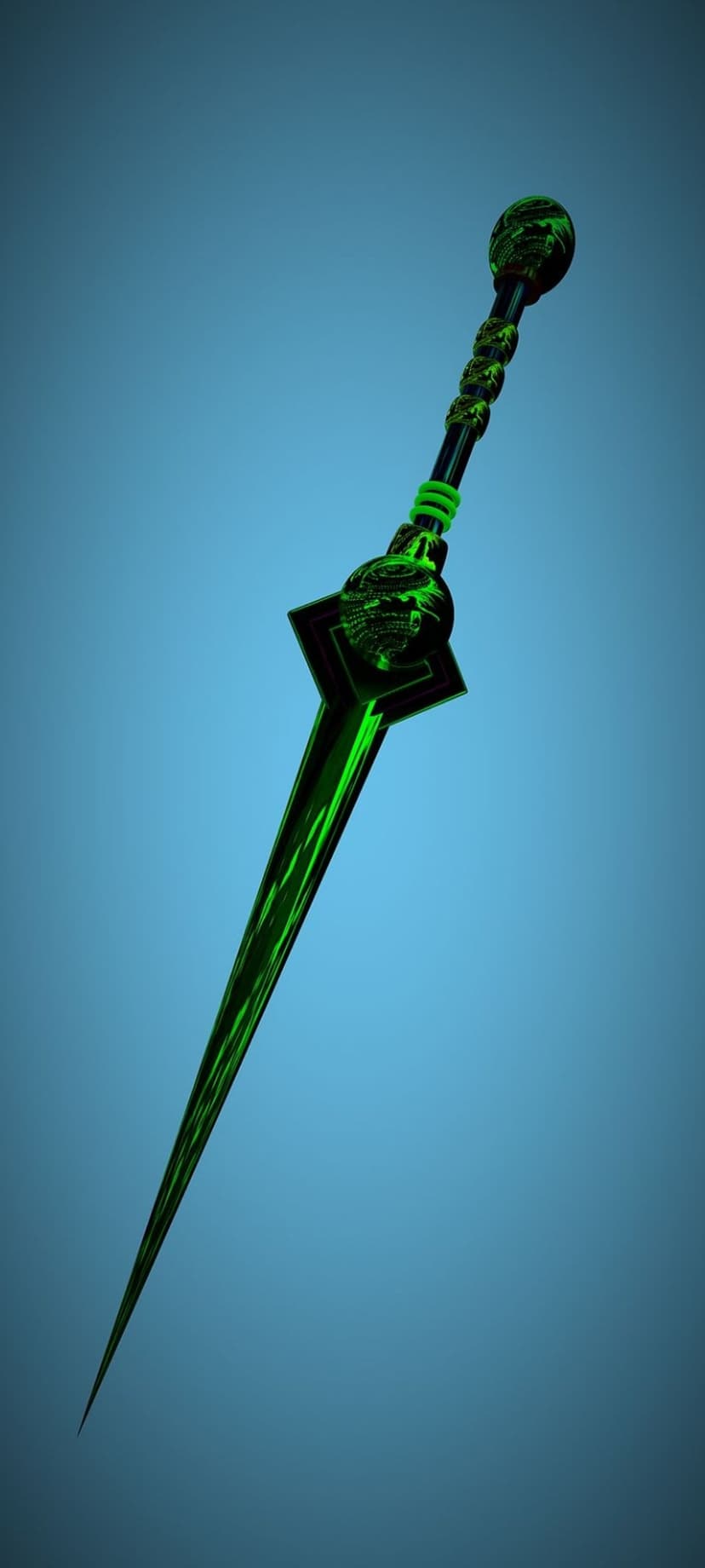 Neon green futuristic sword with a dragon-shaped hilt and glowing crystalline blade on a blue background.