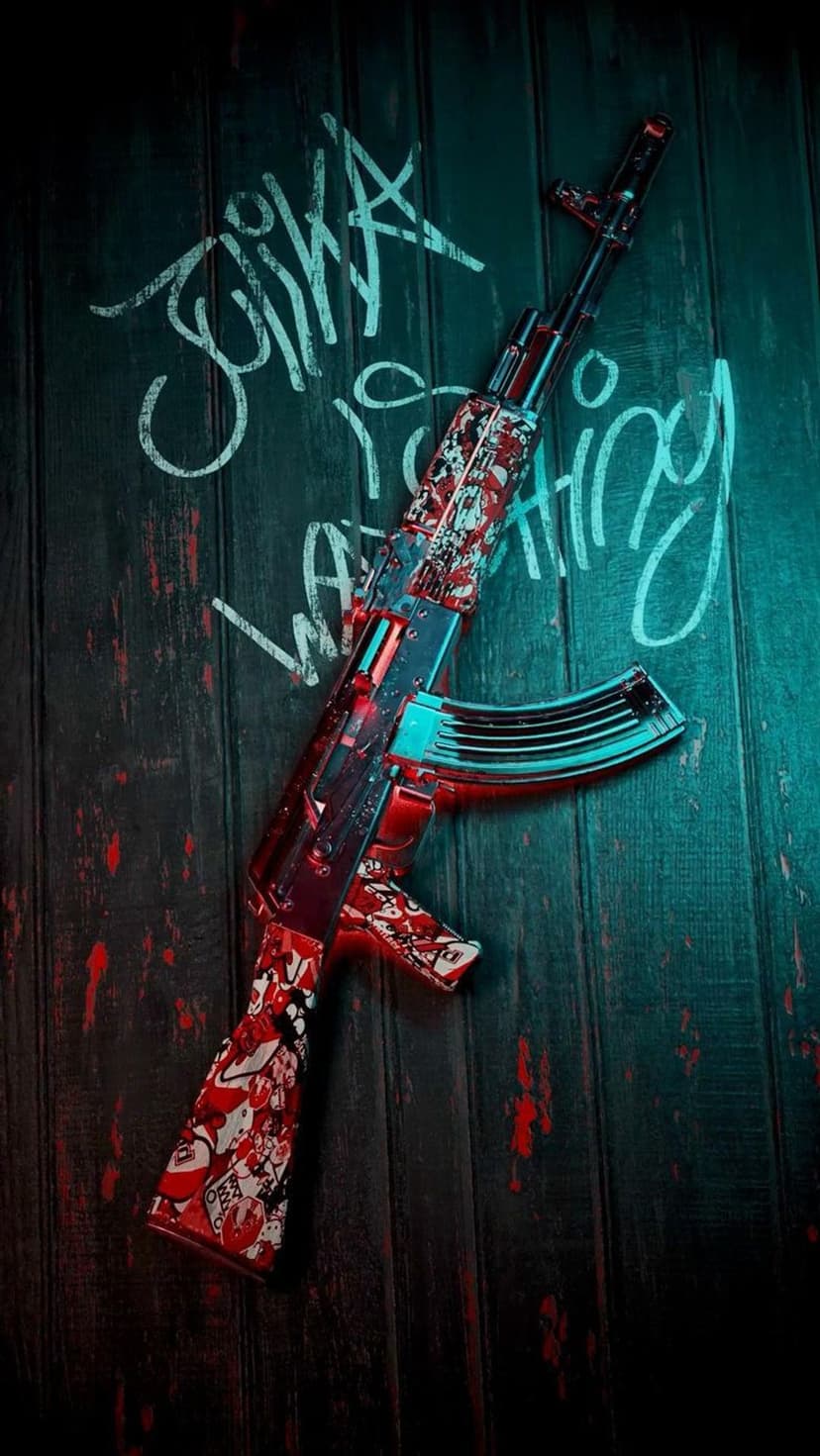 AK-47 rifle with red blood splatters and white graffiti on dark wood under teal and red atmospheric lighting.