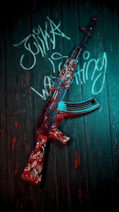 AK-47 Rifle with Blood Splatter and Graffiti Art