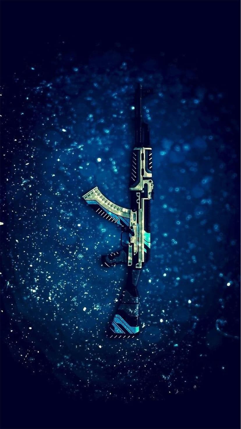 AK-47 rifle with chrome finish and blue lights against a dark night sky filled with bright twinkling stars.