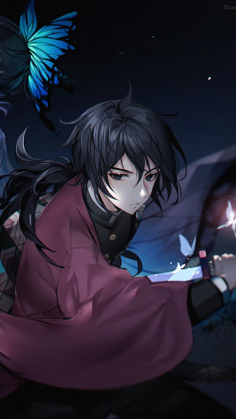 Giyu Tomioka wears a patterned haori while holding a glowing blue butterfly under a dark starry night sky.