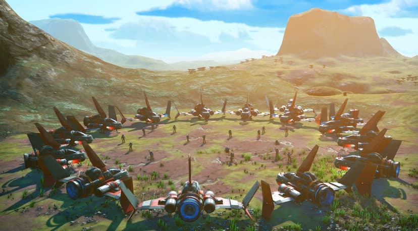 Red and white starships parked in a circle on a grassy alien planet with hills and a bright sun flare.