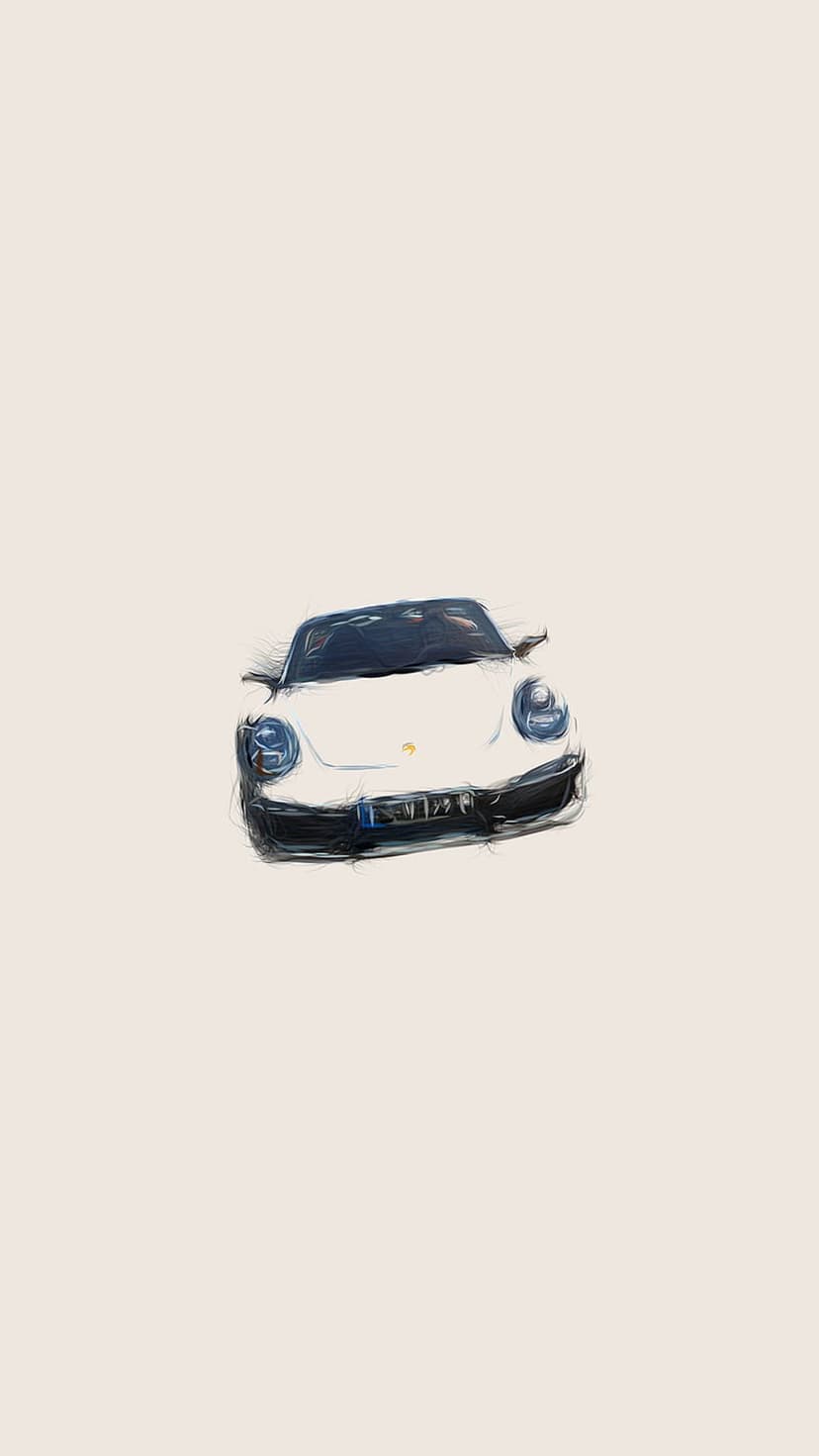 White Porsche 911 sports car depicted in a minimalist sketch style with fluid lines against a light background.