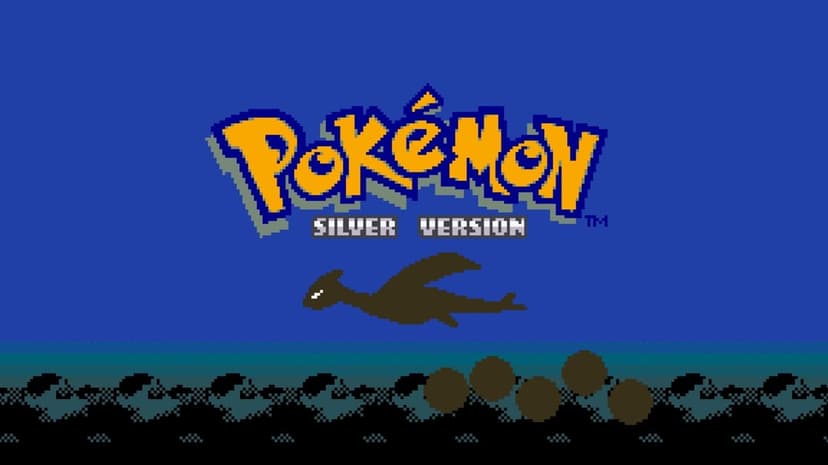 Silhouette of Lugia flying above ocean bubbles on the Pokemon Silver Version 8-bit title screen.