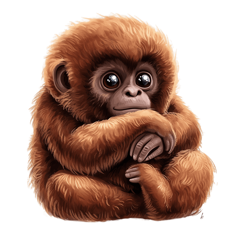 Baby orangutan primate sits with reddish-brown fluffy fur and large expressive eyes in a digital illustration.