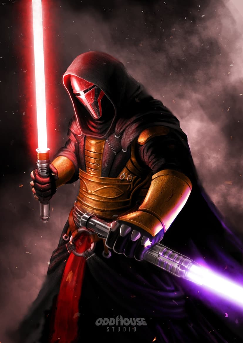 Masked warrior Darth Revan holds a red and purple lightsaber against a dark, smoky backdrop with golden armor.