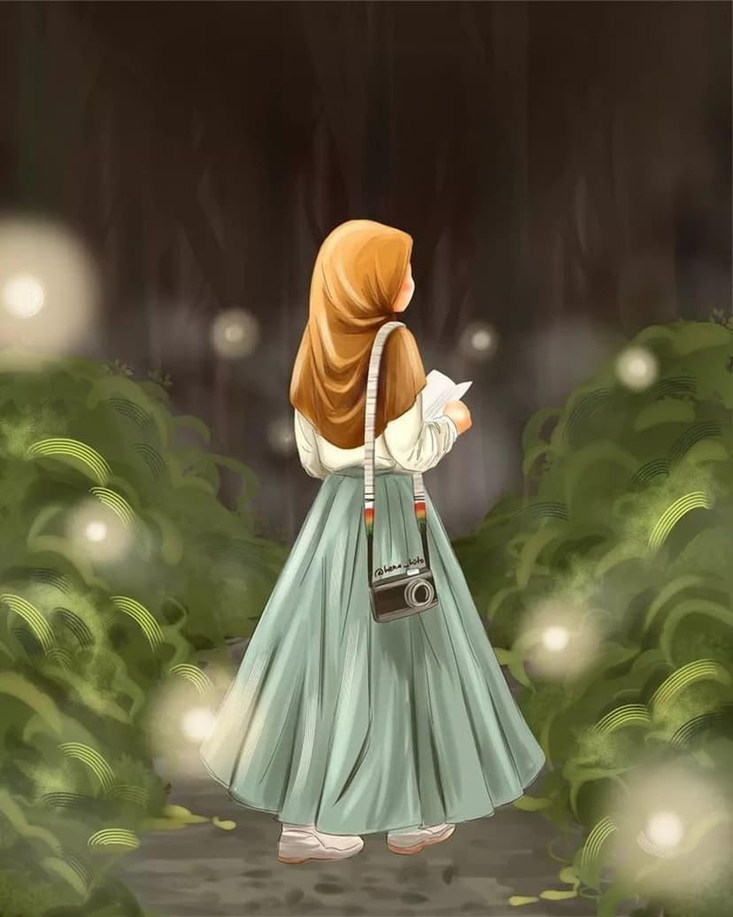 Woman wearing a hijab holds a camera in a glowing green forest with floating lights and lush foliage.