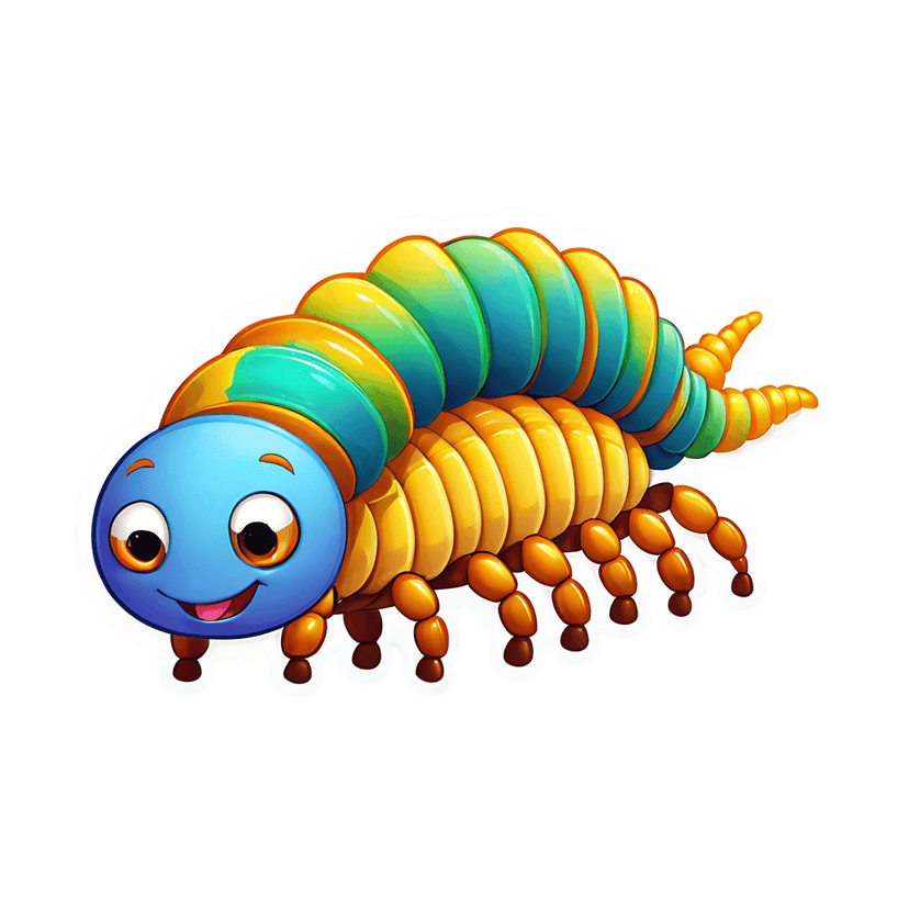 Blue yellow caterpillar sticker features a glossy segmented body with teal accents and a white die-cut border.