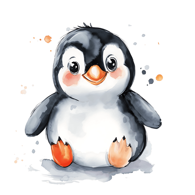 Penguin watercolor illustration featuring large dark eyes, orange feet, and white paint splatters on its base.