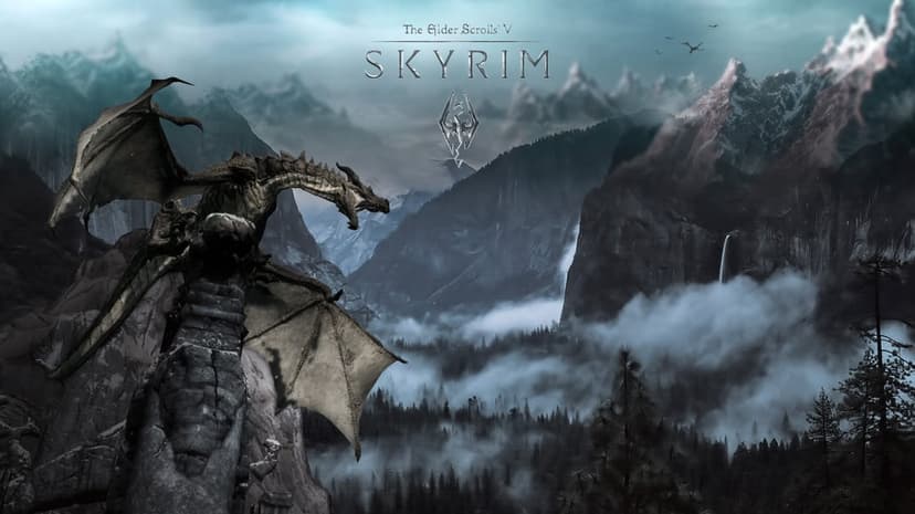 Dragon perched on a rocky mountain peak overlooking a misty forest valley with waterfalls and gray clouds.