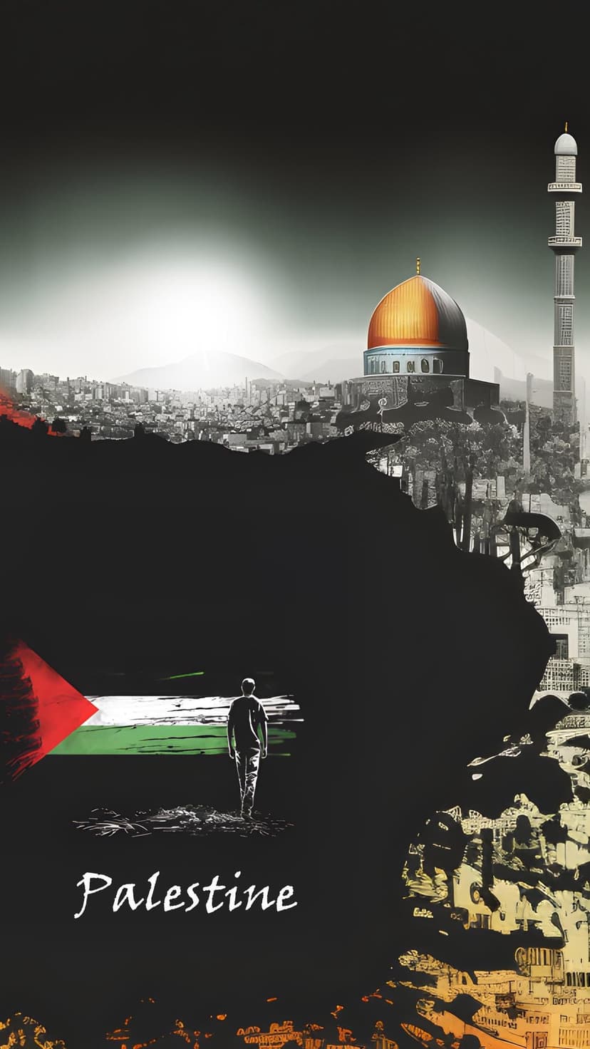 Lone figure watches the golden Dome of the Rock and Palestinian flag over the historic Jerusalem city skyline.