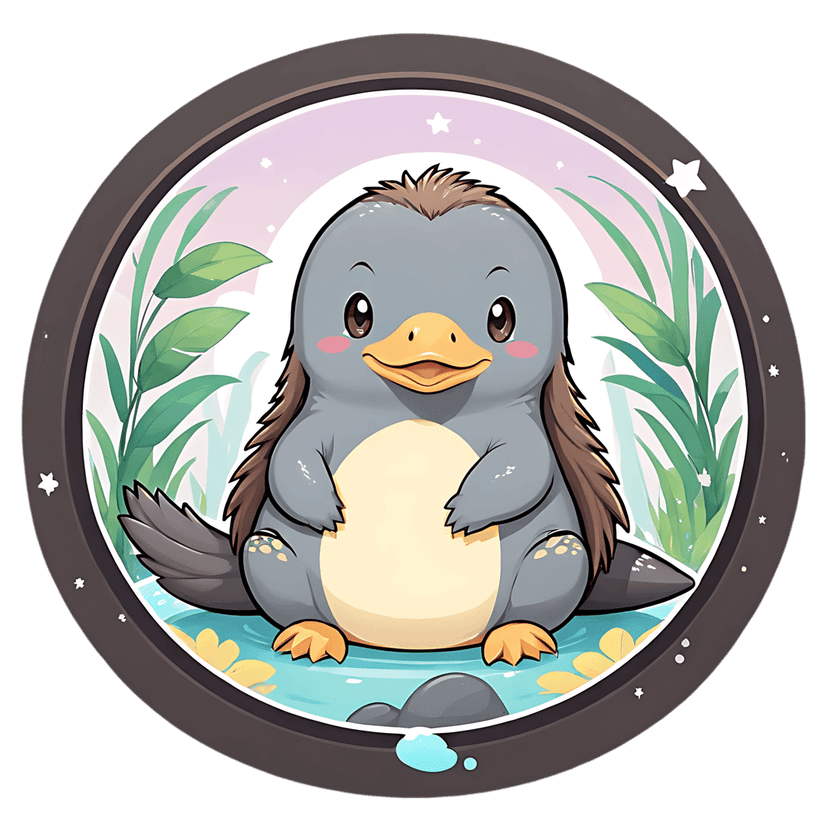 Gray platypus sticker illustration featuring an orange bill and blue water ripples inside a brown circular frame.